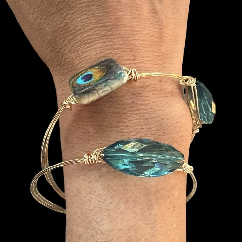 Beaded Gold Wire Wrapped Stackable Bangle Cuff Bracelet Set Teal Bead Peacock Lg